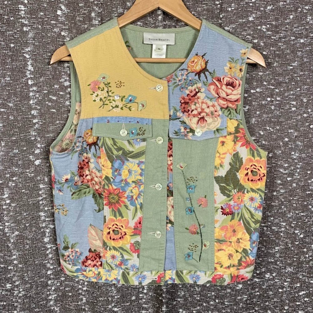 Susan Bristol Floral Patchwork Embroidered Vest Cottagecore Women's Medium